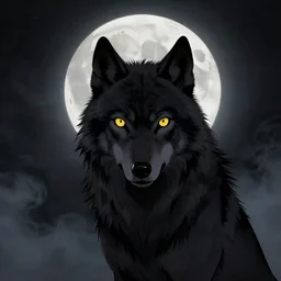 black wolf with yellow eyes portrait in the sky at night with a fullmoon behind, dramatic black smoke, japanese art style