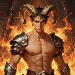 portrait of a beautiful young fit male demon with big curved ram horns, armored, fiery scene, by greg rutkowski and alphonse mucha, d & d character, gradient red to yellow, in front of a fire background, highly detailed portrait, digital painting, artstation, concept art, smooth, sharp focus ilustration, artstation hq