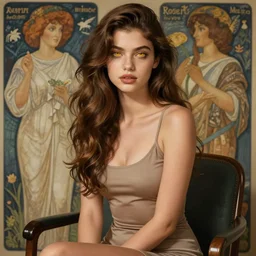 pretty girl with long wavy brown hair, yellow eyes, luscious lips, wearing a low cut tanktop and skirt, sitting in a chair. highly detailed, digital painting, artstation, concept art, smooth, sharp focus, illustration, art by artgerm and alphonse mucha, high definition digital art, in the style of ilya kuvshinov and Ross tran