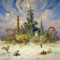 the oasis - hamlet of joppa along the far rim of the great salt desert. farmers tend to groves. jungles strangle chrome steeples and rusted archways. beyond the fabled spindle rises above the fray and pierces the cloud - ribboned sky. art by greg rutkowski and alphonse mucha