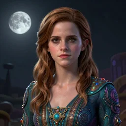 psychedelic concept art illustration of Emma Watson with a dark moon in the far distance, trending on artstation, by zdzisław beksiński, 3d render, octane render, intricately detailed artwork, full 8k high quality resolution, recently just found unknown masterpiece