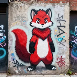 photo [ far ], subject [ furry _ fandom _ fursona _ original _ character ( red - black, anthropomorphic _ humanoid _ furry, weasel - ferret - stoat ) ], medium [ graffiti, wall ], location [ chicago ( alley ) ]