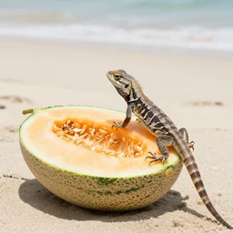 a lizard out in the beach while looking into a sliced melon in front of it