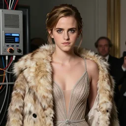 Emma Watson wearing an evening gown, vera wang couture, very detailed portrait, ultrarealistic, dramatic lighting, electrical details, high details, 4k, 8k, best, accurate, trending on artstation, fur, artstation, photorealism, ultrarealistic, digital painting, style of Dali, Caravaggio, Boris Vallejo