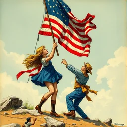 a girl holding the flag and a boy trying to take it from her, intricate detailed, jules bastien - lepage, clyde caldwell, colorfull, illustration