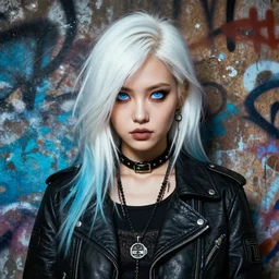 highly detailed portrait of a sewer punk lady student, blue eyes, leather jacket, white hair by atey ghailan, by greg rutkowski, by greg tocchini, by james gilleard, by joe fenton, by kaethe butcher, gradient blue, black, brown and cyan color scheme, grunge aesthetic!!! ( ( graffiti tag wall background ) )