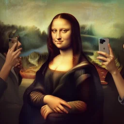 the mona lisa taking a selfie with her friends, Leonardo Da Vinci style, painting
