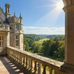 view from a manor house balcony overlooking a forest valley, highly detailed, architecture, sunny, blue sky, cinematic lighting, highly angle, godrays, volumetric, digital art painting by greg rutkowski