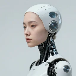 beautiful Fine art photography of a contemplative part solarpunk robot part human girl with real human face and hands, led lights over chest, white background, highly detailed, medium shot, photorealism, natural sun lighting 8k