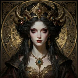 perfectly-centered-Portrait of a sinister Goddess, intricate, highly detailed, digital painting, artstation, concept art, smooth, sharp focus, illustration, Unreal Engine 5, 8K, art by artgerm and greg rutkowski and alphonse mucha