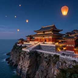 a majestic chinese palace stands on a cliff by the sea with beautiful sky lanterns flying in the night sky by greg rutkowski and thomas kinkade, trending on artstation, dreamy, fairy tale, expansive view, ultra wide angle, uhd, super resolution, massive scale.