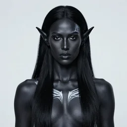 portrait of a feminine male dark elf, obsidian skin, white tatoo, long hair, fantasy, elegant, intricate, highly detailed, digital painting, artstation, concept art, sharp focus, illustration