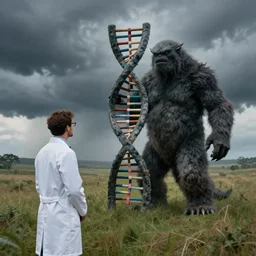 in a field, two scientists in lab coats encounter a monster shaped like the DNA double helix, stormy weather, by Rob Gonsalves and HR Giger