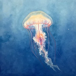 a realist watercolor painting of a beautiful jellyfish underwater, in the style of joseph zbukvic