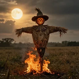 a scarecrow is in flames. the sun has a face and is laughing. a field. gothic horror