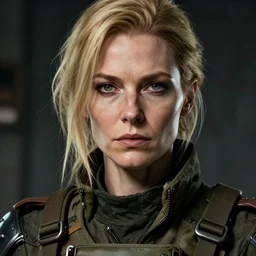 An old dieselpunk woman in military fatigues || aged face, VERY VERY ANIME!!!, fine-face, age lines, blonde hair, realistic shaded perfect face, fine details. Anime. realistic shaded lighting poster by Ilya Kuvshinov katsuhiro otomo ghost-in-the-shell, magali villeneuve, artgerm, Jeremy Lipkin and Michael Garmash and Rob Rey