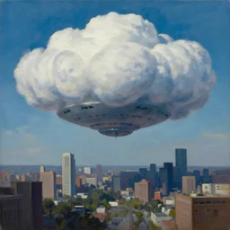 prompt : big alien spaceship shaped like cloud hanging above city by jeffrey smith, oil on canvas