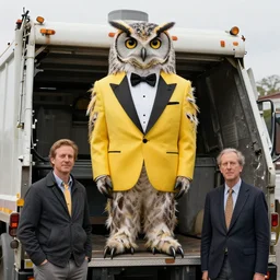 shredded physique feathered tall neck beak Portrait of Henry James camouflaged as Owl whilst wearing a yellow tuxedo Standing atop a Garbage Truck Greg Rutkowski Vik Muniz clarence holbrook carter Andrew Wyeth Dan Witz