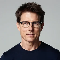Photo of Tom Cruise wearing Warby Parker glasses, soft studio lighting, photo taken by Martin Schoeller for Abercrombie and Fitch, award-winning photo, 24mm f/1.4