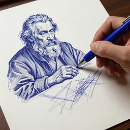 a old paper with an ancient man disperse ultra - detailed writing and draws, blue ballpoint pen, annotations and scratches, 1 2 0 0 dpi, 8 k