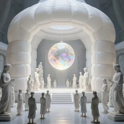 simplicity, inside a sci - fi white inflatable temple with a luminescent sphere floating in the middle, marble sculptures of a crowd people surrounding it, ultra detailde, by moebius, by simon stalenhag, by andrew jones, ethereal, cinematic, 8 k, volumetric lighting,