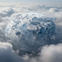 world covered with enormous clouds, thru clouds there is slightly visible ice covered world, matte painting, concept art, illustration highly detailed artwork cinematic hyper realistic