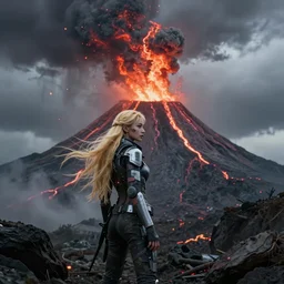 volcano eruption post apocalyptic scene with a long - haired blonde cyber girl futuristic mad max bladerunner stormy weather