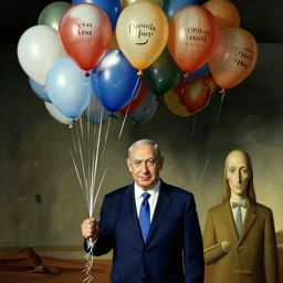 benjamin netanyahu, balloons, memento mori, vanitas vanitatium omnia vanitas, by salvador dali and rene magritte