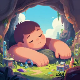 fantasy pop art portrait of a giant emerging from slumber out from  a cave of silicon into an amazing optimistic world, 55mm