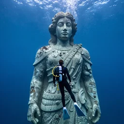 acuba divers exploring a massive statue underwater, a masterpiece by rodrigo martinez, best photographer in the world