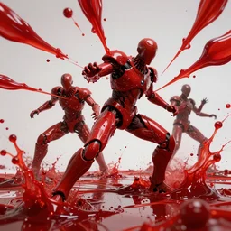chenso man designed by yasushi nirasawa and hr giger, action shot wide angle lens, red fluid everywhere - h 9 6 0