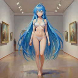 an infinitely detailed museum - quality oil painting, full - body detailed artwork of an anime girl with long iridescent blue hair, by fkey, cute - fine - face beautiful highly detail full - body render, trending on artstation!!!, 4 k, rule of thirds, perfect anatomy, artstation