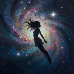 silhouette of a girl suspended underwater with long hair, she's exploding into incredible stars and nebula, lens glare, dramatic abstract digital painting, dramatic composition, matte colors, trending on artstation