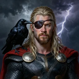 hugh laurie as odin with only one eye, wearing a leather eyepatch, a raven on his shoulder, dark dramatic background, stormy clouds, lightning, very detailed painting by Glenn Fabry, by Joao Ruas, by Artgerm