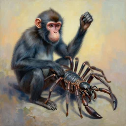 painting of hybrid between monkey!! & tarantula & scorpion & ant, intercrossed animal, by zdzislaw beksinski, by lewis jones, by mattias adolfsson, cold hue's, warm tone gradient background, concept art, beautiful composition, digital painting