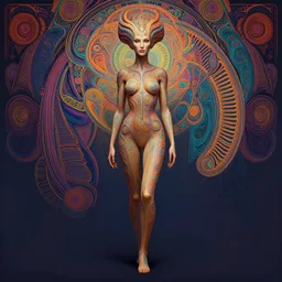 wide angle full body portrait of a female Neelix, with a perfect face and perfect body, thin waist,  intricate, single face, psychedelic, highly detailed, digital painting, artstation, concept art, smooth, sharp focus, illustration, Unreal Engine 5, 8K, art by artgerm and greg rutkowski and alphonse mucha