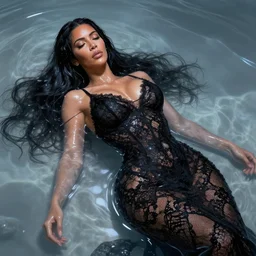 epic full - ov - shot still of kim kardashian unconscious wearing a black lace dress in a transparent alien liquid, wet flowing hair, gooey skin, illustration, unreal engine 5, 8 k, made by h. r. giger.