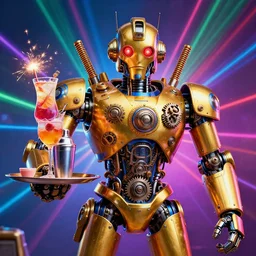 portrait photo of a giant huge golden and blue metal humanoid steampunk robot barmixer with a cocktail shaker, with a human face, big cocktails with sparklers on a tray and gears and tubes, eyes are glowing red lightbulbs, shiny crisp finish, 3 d render, 8 k, insaneley detailed, fluorescent colors, background is multicolored lasershow
