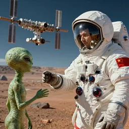 extreme long shot of a soviet cosmonaut in mars, mets aliens cordially peacefully, cccp international space station in the background, sovietwave aesthetic, sci fi, soviet futurism, socialist realism, volumetric lighting, ultra detailed, hyperrealistic, photoshopped, octane render, 8 k, high resolution