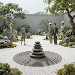 the ancient alien zen garden by ivan shishkin and zacharias aagaard and gillis rombouts and hubert robert, white sand, smooth rocks, chiaroscuro, tonalism, sfumato, high saturation, high contrast, vibrant, highly intricate details, dusty