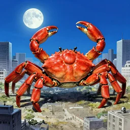 a giant mechanical crab in the middle of a city, blue moon shining in sky, engraving, artstation, concept art, smooth, sharp focus, vivid grunge, manga, illustration, unreal engine 5, 8 k, wide angle, by joaquin sorolla rhads leyendecker, by ohara koson and thomas kinkade, traditional japanese colors, superior quality, masterpiece