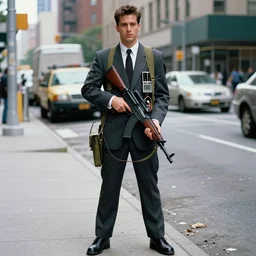 a 90s photograph of a full body man in a suit mixed with a soldier wearing a satchel of computer parts and a few cables holding an assault rifle standing in a NYC street