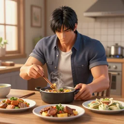 heihachi from tekken cooking dinner at home, 3 d render, ps 2 aesthetic, cgi