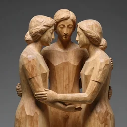 wood sculpture of three people caressing