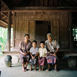 a cinematic photograph of an Indonesian family inside their traditional house, by Gregory Crewdson, shot on 35mm film camera, natural lighting, 8K