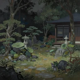 a gorgeous, fantastic, zen garden landscape by michael kidd, james gurney, trending on artstation, artgerm, ukiyo - e, acrylic on canvas, muted colors, darker,!! low contrast!!, futuresynth
