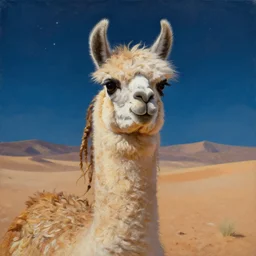 llama with dreadlocks, desert, starfall in the night sky on background, hyperrealistic oil painting