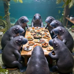 a group of seven manatees sitting around a table that has a lot of food on it