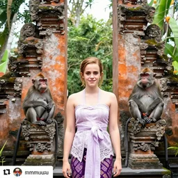 emma watson wearing traditional kebaya bali in bali. iconic monkey place in bali. front view. instagram holiday photo shoot, perfect faces