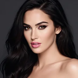 megan fox with heavy eye makeup and pink glossy lipstick, long windblown black hair, seductive camisole, intricate, glamorous fashion pose, sharp focus, illustration, highly detailed, digital painting, concept art, art by wlop and artgerm and ross tran, masterpiece, fritz willis, fine lines, watercolor, pink and black and white colors, charlie bowater, loish
